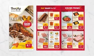 Bon’Ap promofolder met een bord stoofvlees en frieten op de cover en een overzicht van tijdelijke kortingen op vlees, kip, gehakt en bereide gerechten.